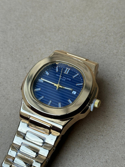 Patek Philippe Nautilus watch with a rose gold case and a blue dial