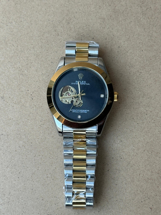 Rolex Oyster Perpetual watch with a two-tone stainless steel and gold-colored